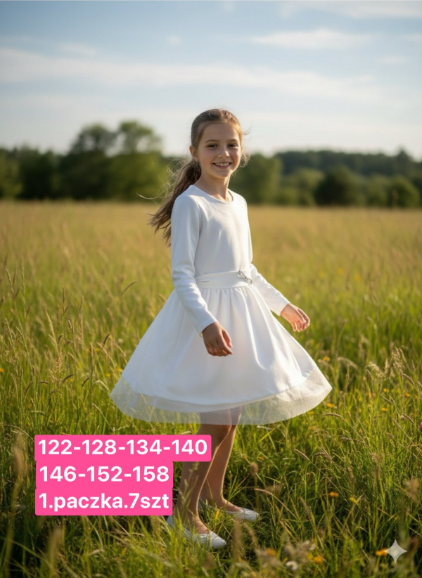  Sukienki dziewczęce Roz 128-158, 1 kolor Paczka 6 szt